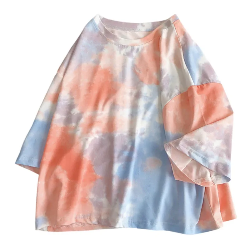 

Women Short Sleeve T-Shirt Streetwear Tie Dye Print Summer Sweet Loose Oversized 2XL Tee Shirt Ladies Tops