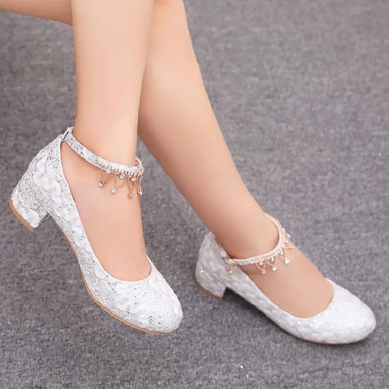Милые кружевные туфли на среднем каблуке женские белые свадебные принцессы со