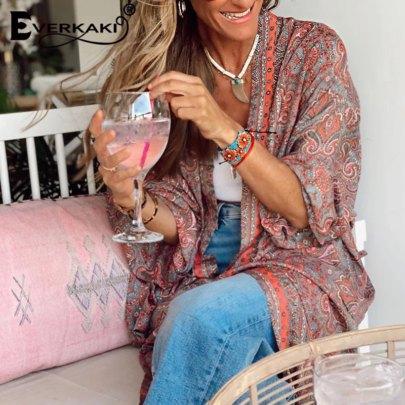 

Everkaki Boho Floral Print Kimonos Coats Women Summer Vacation Beach Ladies Oversized Gypsy Coat Kimono Ethnic Female 2021 New
