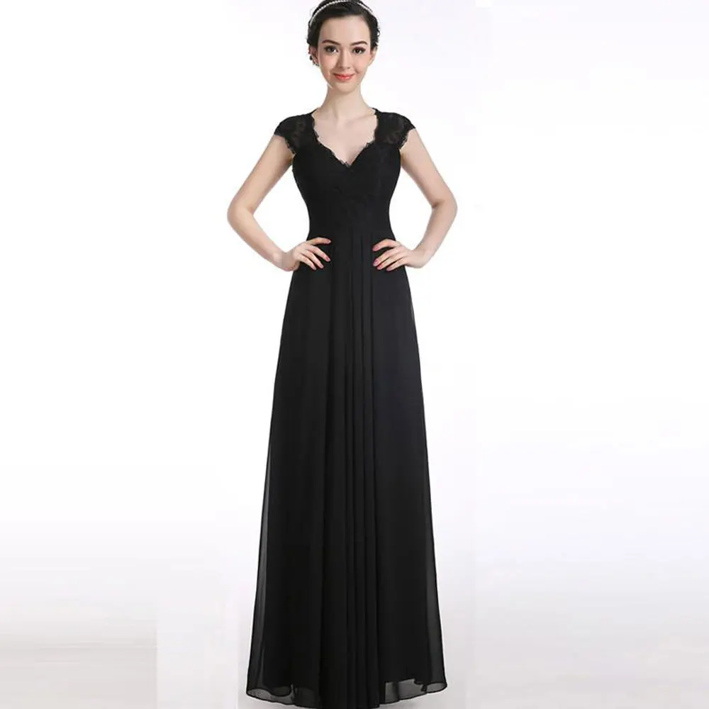 

A-line Black Chiffon V-Neck Poretrait Floor length Sweep/Brush Lace Sleeveless Zipper Draped Fold\Ruffle Evening Dresses