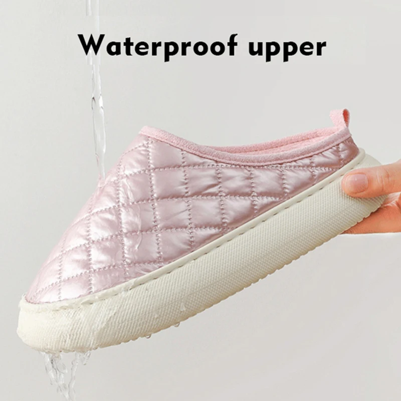 

Cotton Slippers Women Winter Waterproof Shoes Plush Keep Warm Flat Shoes Non-slip House Slippers Couples Soft Comzy Female Shoes