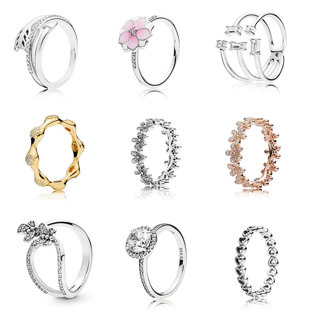 

925 Sterling Silver Ring Charms Lovely Pink Flower Diy Rose Gold Snowflake Round Finger Ring For Women Party Jewelry Gift