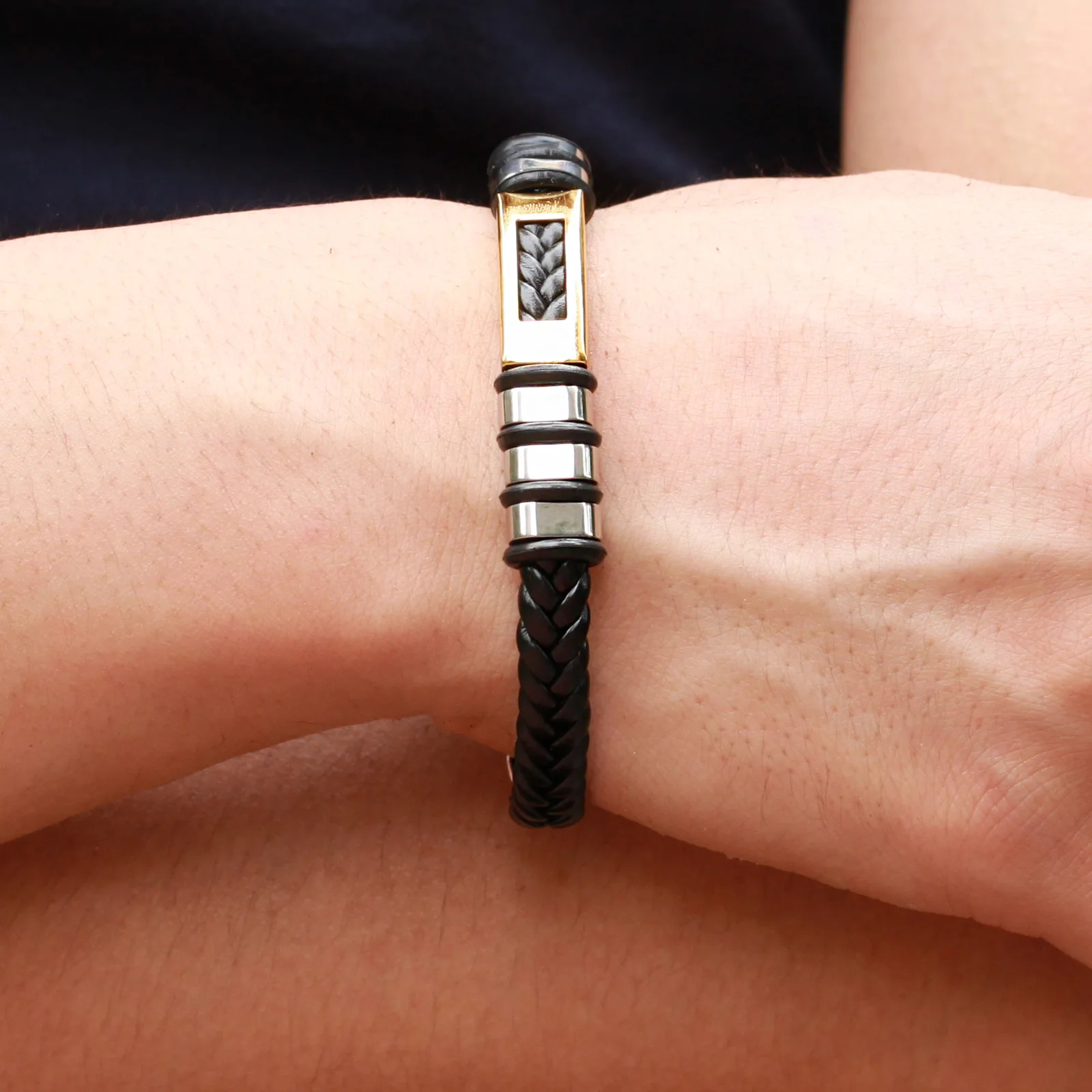 OPK 2020 новый мужской кожаный браслет из нержавеющей стали 316L переплетенный черный