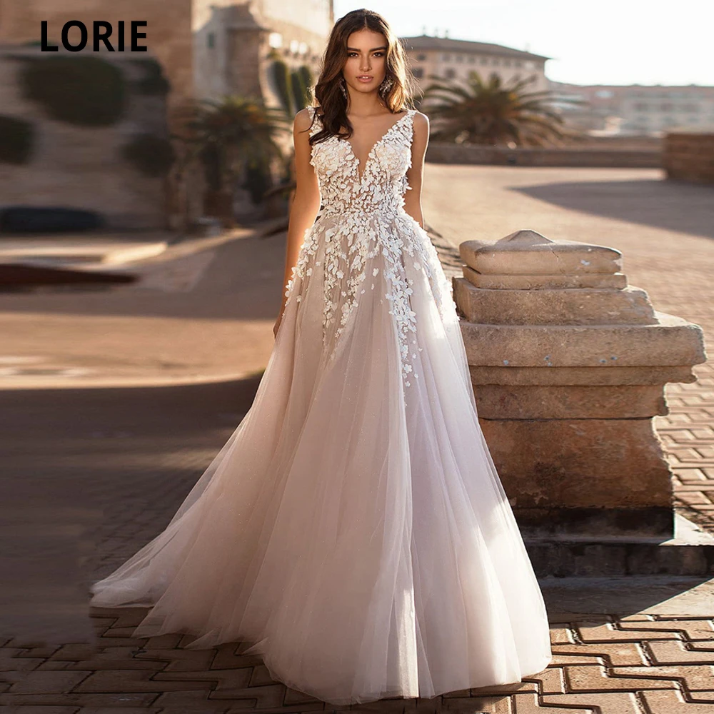 

LORIE 2020 Graceful V Neck Beach Wedding Dresses Backless 3D Floral Appliqued Lace Bridal Gowns Tulle vestido de novia Plus size