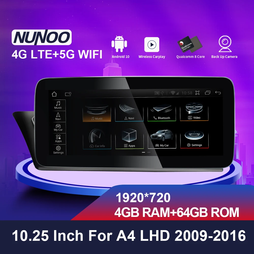 

Мультимедийный плеер Nunoo, 2 Din, Android 10, для Audi A4L LHD/RHD 2009-2017, Qualcomm 8 Core 10,25, 13,3 дюйма, камера заднего вида