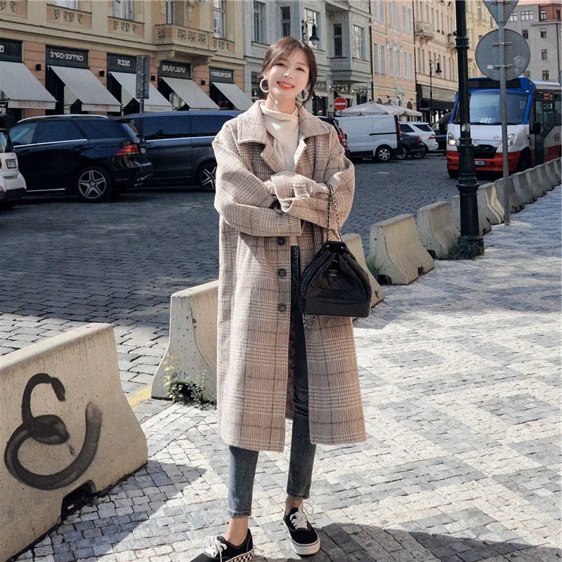 

Plaid Women's Woolen Coat Autumn and Winter Single-breasted Lapel Fashion Trend Over-the-knee Hepburn Style Woolen Coat W23