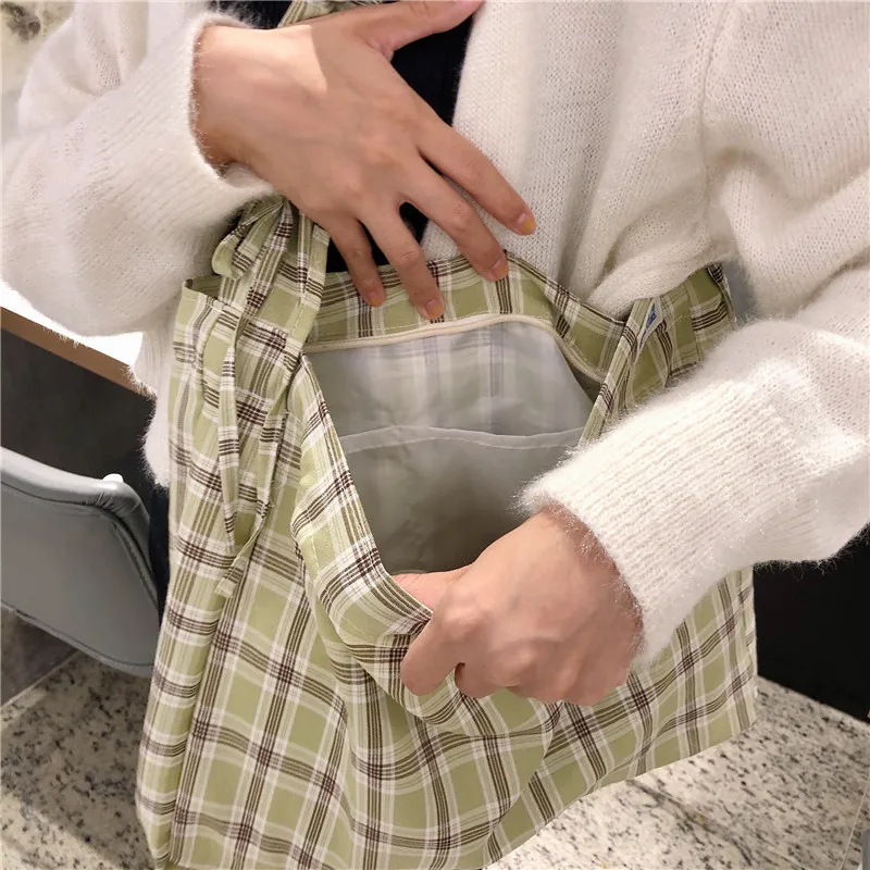 2019 plaid dress Korea Ladies Handbags Canvas Tote Bag Travel Women Eco Reusable Shoulder Bags bolsas green Large Capacity |