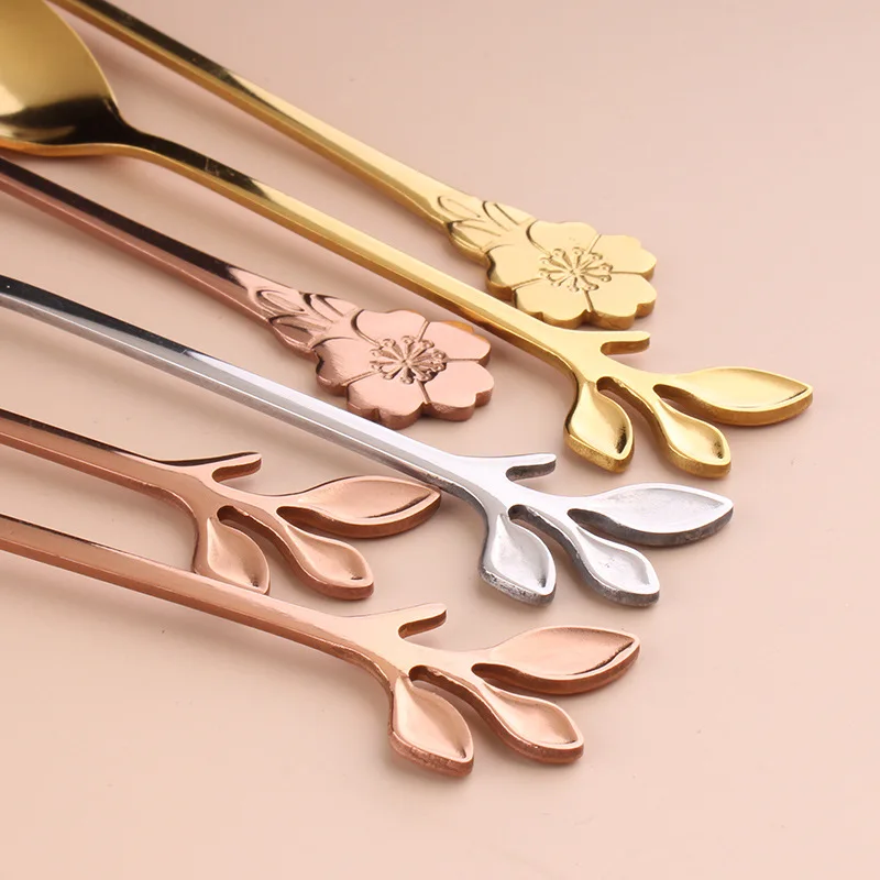 Mini 304 Stainless Steel Stirring Spoon Leaves Fruit Fork Nordic Cherry Blossom Handle New Style Coffee | Дом и сад