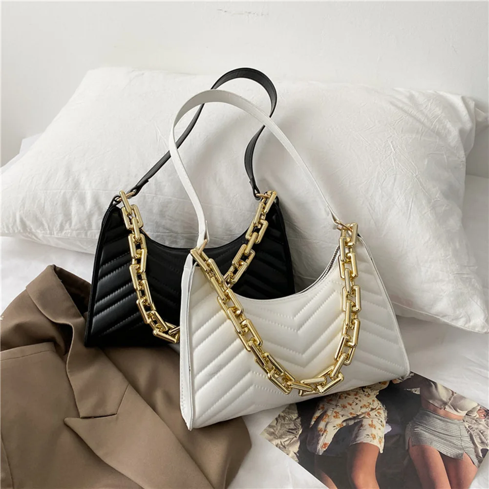 

Women Chic PU Leather Shoulder Underarm Bag Pure Color Thick Chain Shoulder Pouch Casual Ladies Small Hobos Handbags