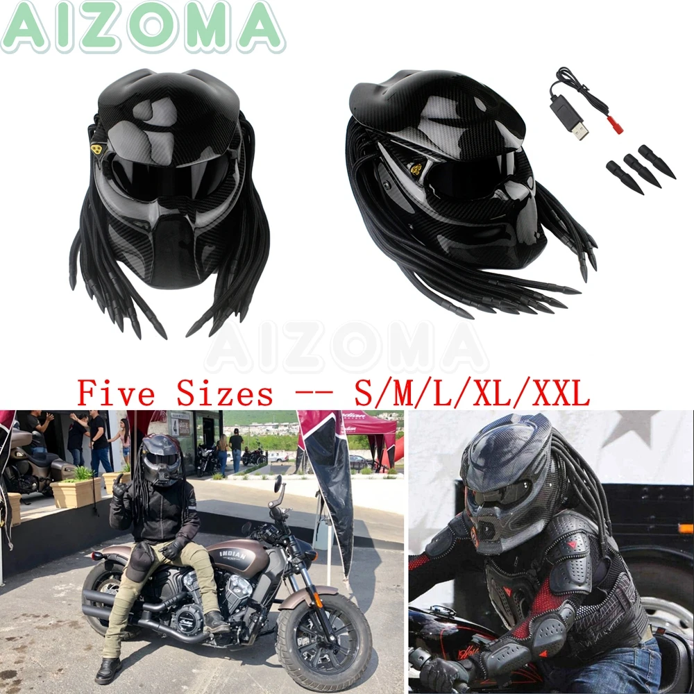 Carbon Fiber Motorcycle Predator Helmet Mask High Quality Moto Bike Iron Warrior Man Full Face Helmets w/ Transparent Sun Visor