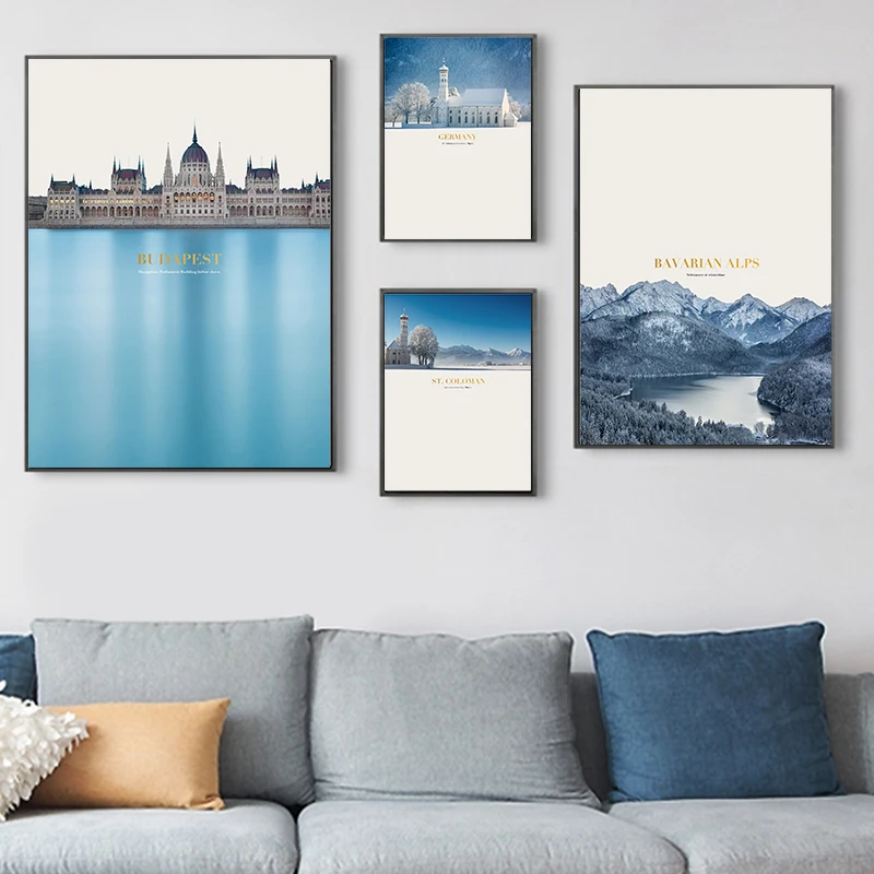 Скандинавская декорация здание замка Голубое озеро небо пейзаж настенное