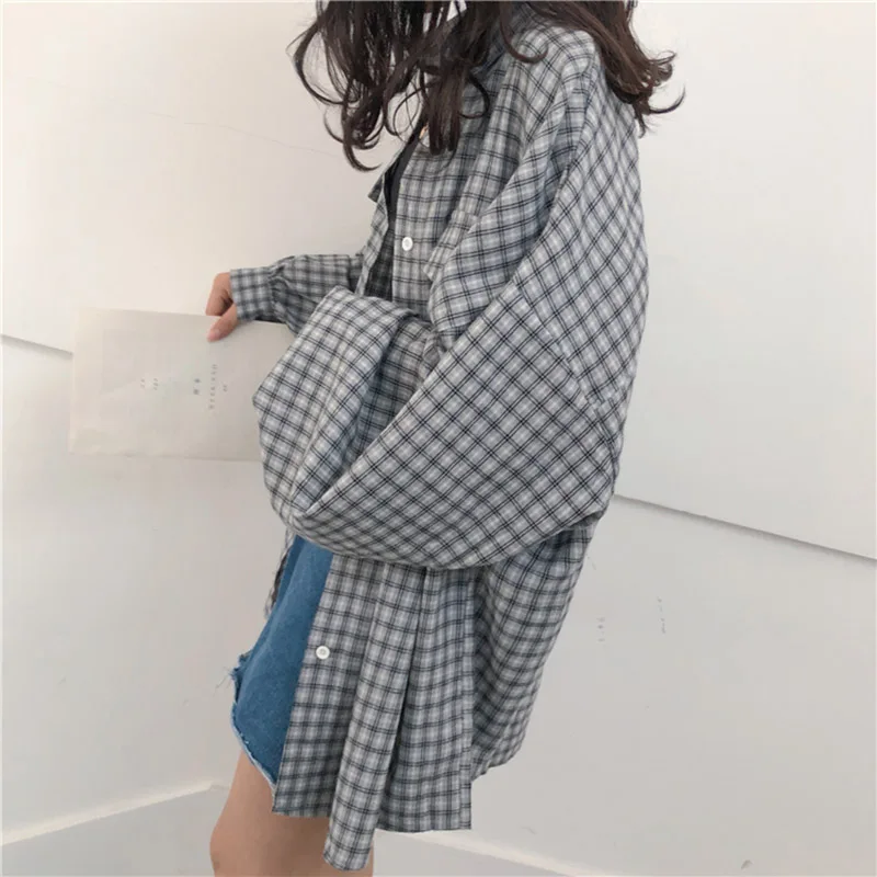 

Womens Clothing Fashion Vintage Shirts Women Kawaii Simple Casual Plaid Loose Korean Style Daily All-match Harajuku Cute Student
