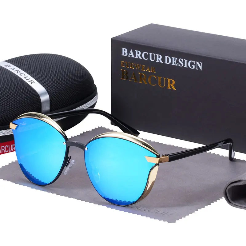 Blue BARCUR Модные поляризованные круглые женские солнцезащитные очки Солнцезащитные очки женские - Цвет линз: Blue