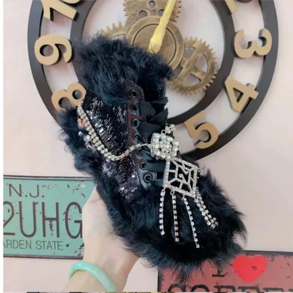 

OLOMLB Womens Round Toe Real Lambswool Fur Ankle Boots Rhinestones Crystal Chain Shoes Sequins Bling Warm Winter Snow 2020