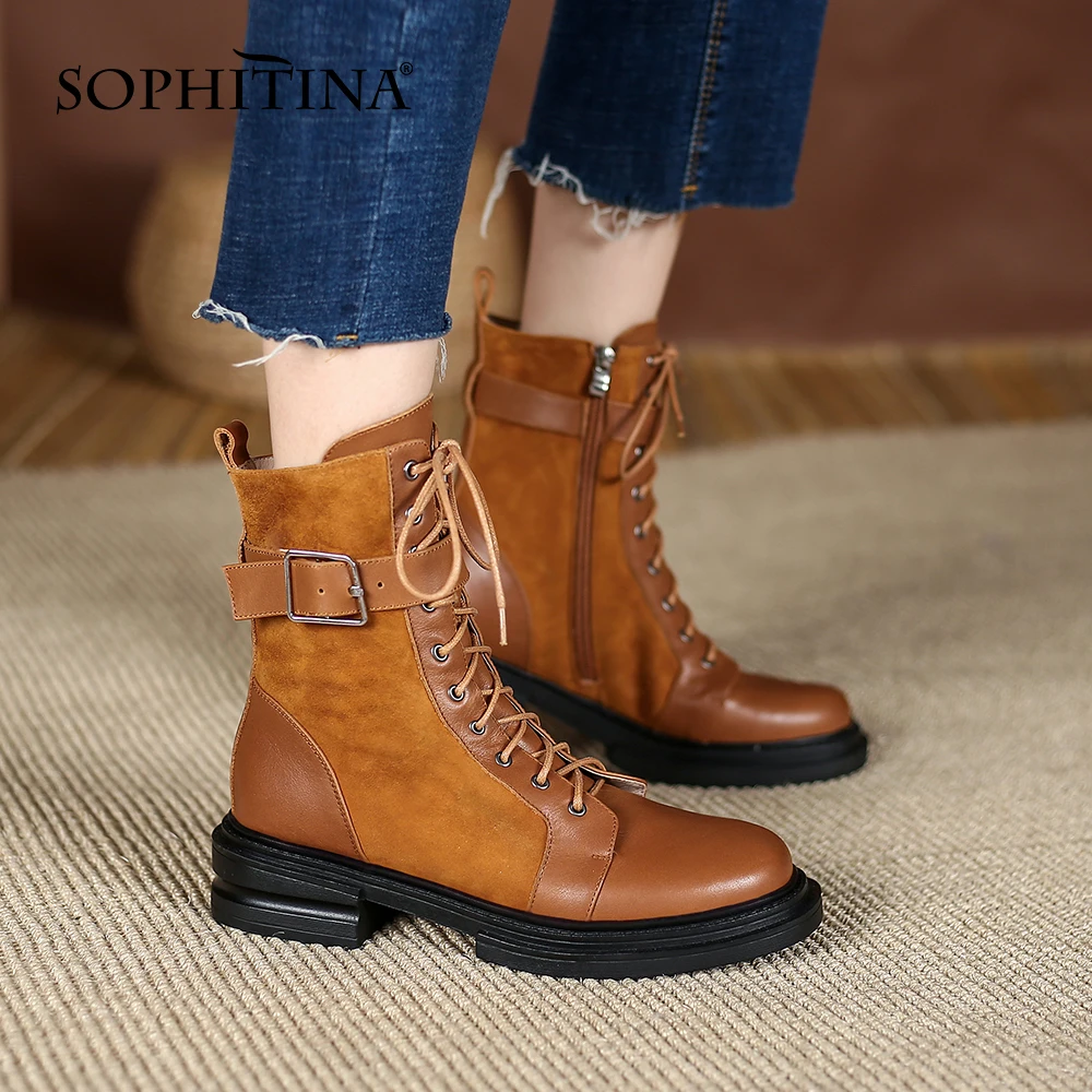 

SOPHITINA Fashion Ankle Boots Casual Square Heel Round Toe Buckle Strap Lace-up Boots Convenient Zipper Office Lady Shoes HO43
