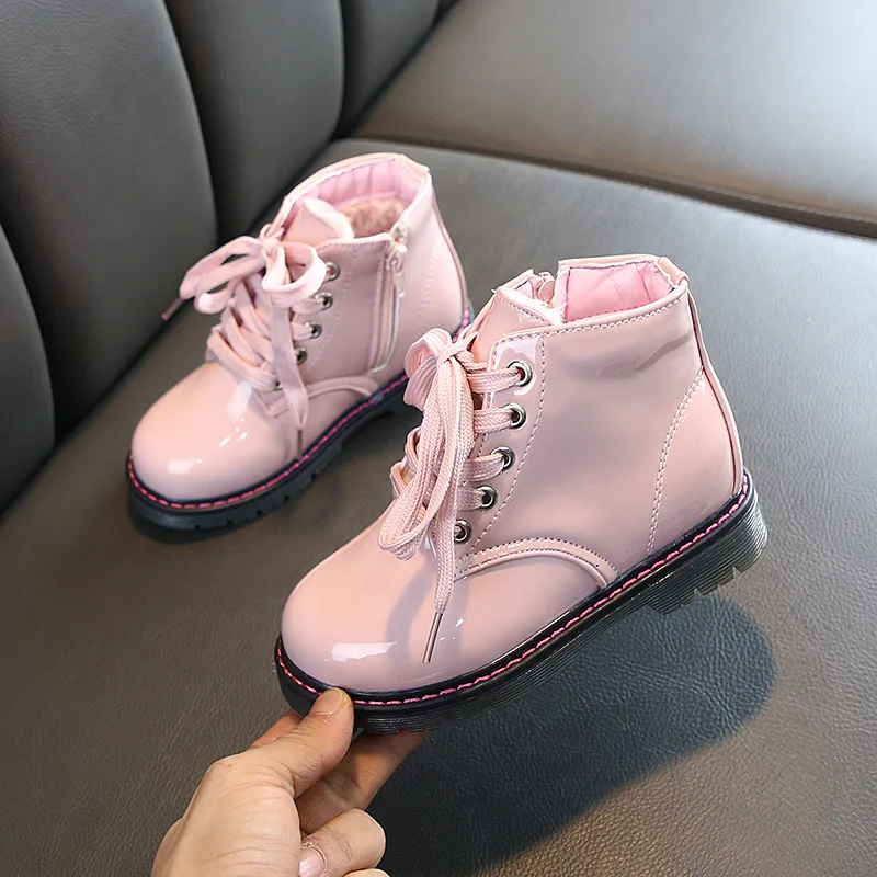 

Girls Leather Shoes Autumn Winter Solid Color Boots Kids Booots Girls Shoes Non-slip Plush Warm Boys Ankle Boots SYJ047