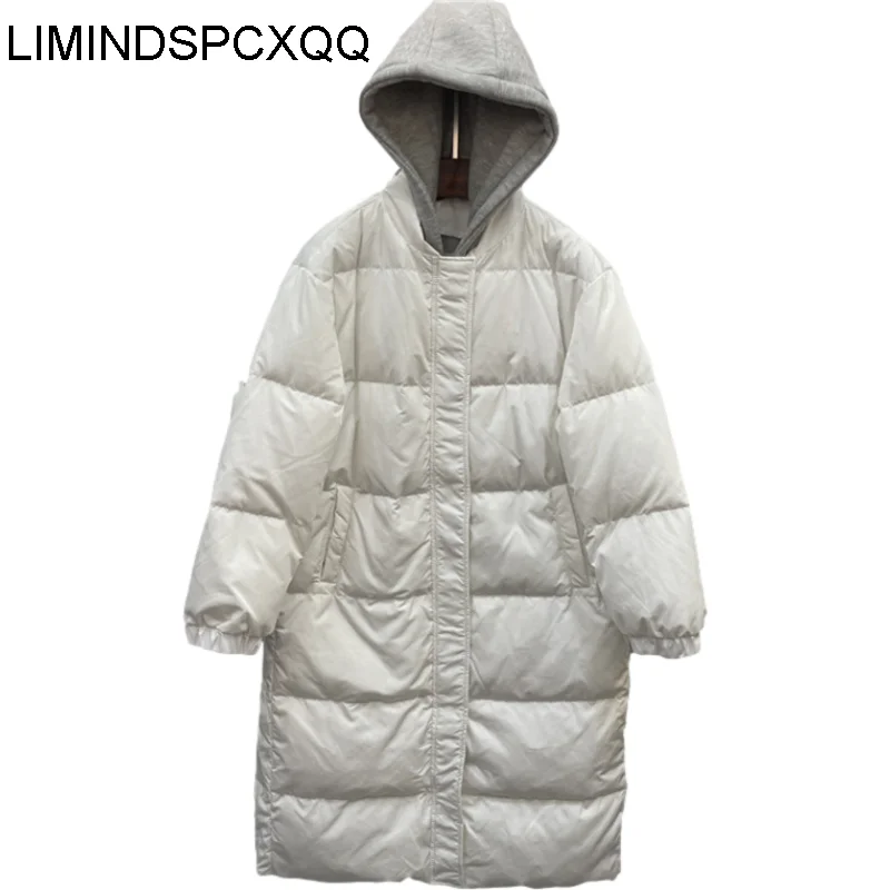 

2021 New Korean Loose Thicken Hooded White Duck Down Parka Solid Long Coat Women's Fashion Puffer Jacket Female Casaco Feminino