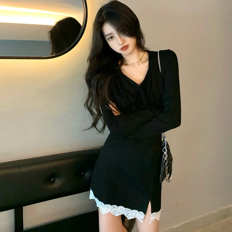 

Real Shot Autumn Clothing Korean Style Slimming Dress Short