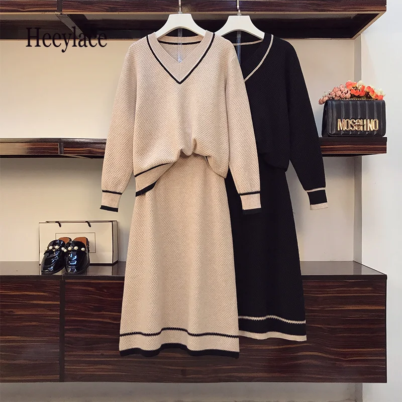 

Office Ladies Elegant Knitted Two Pieces Set Autumn Winter Long Sleeve V Neck Long Sleeve Sweater And Skirt Sets