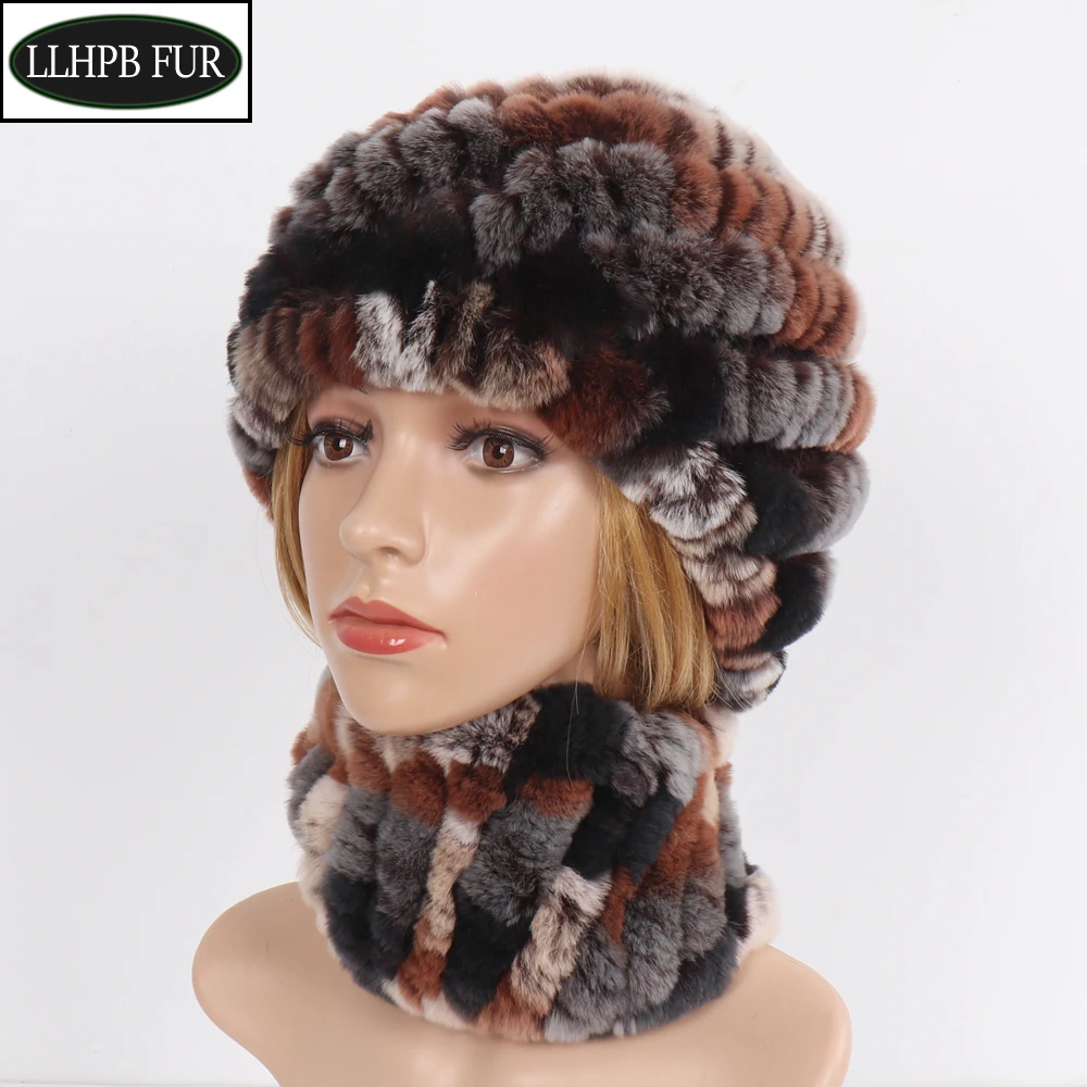 Лидер продаж зимняя женская Настоящий мех кролика шапка шарф из натурального