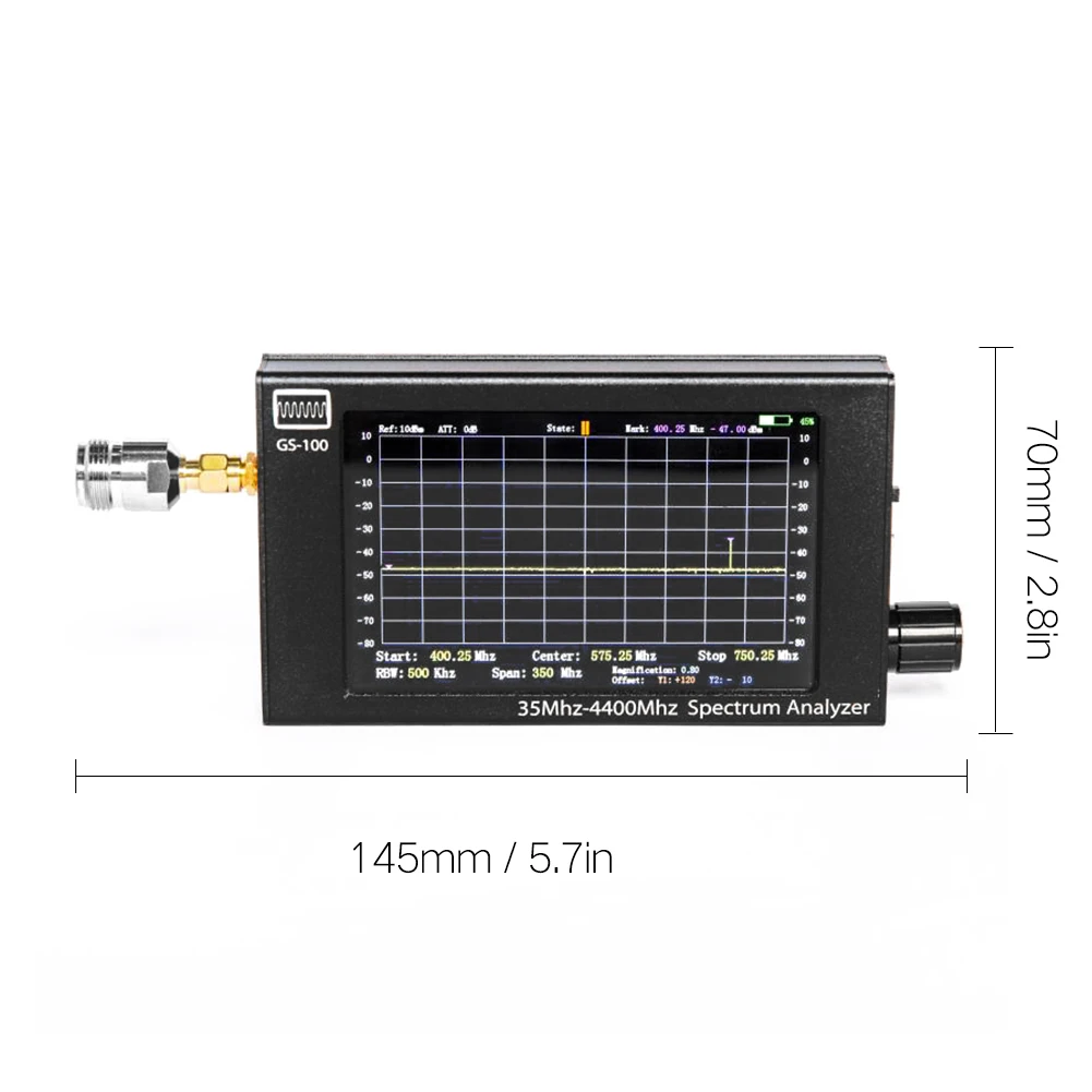 

GS100 35MHz-4400MHz TFT LCD Display Screen Handheld Professional Spectrum Analyzer Aluminum Housing Multifunction Utility Tool
