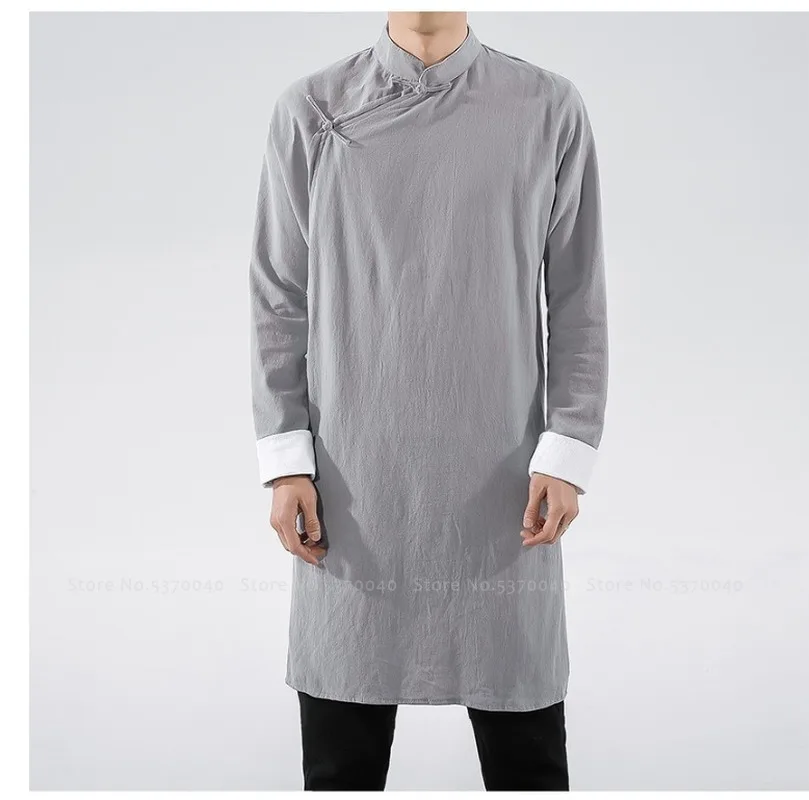 Мужские китайские традиционные хлопковые льняные рубашки Hanfu топы Ципао халат Tang
