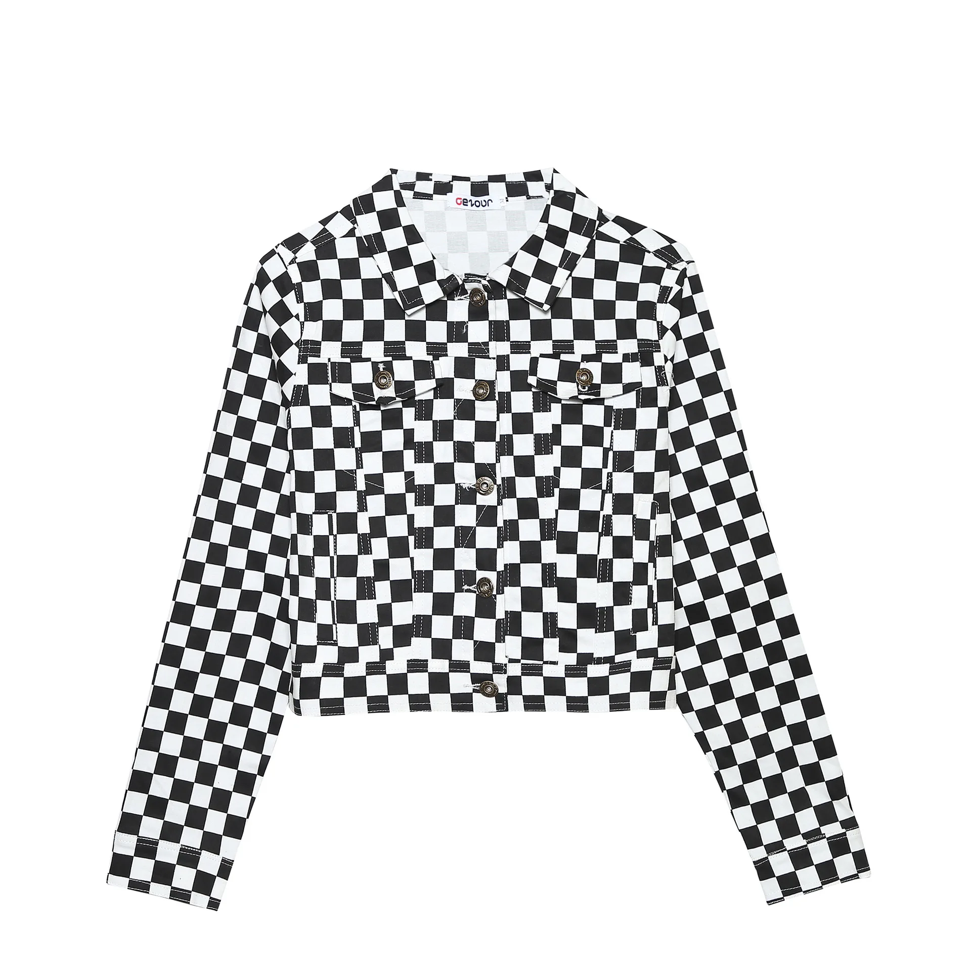 

Harajuku Plaids Bomber Coat Black White Checkerboard Plaid Streetwear Jacket Checked Lattice Cardigan Single-breasted Crop Tops