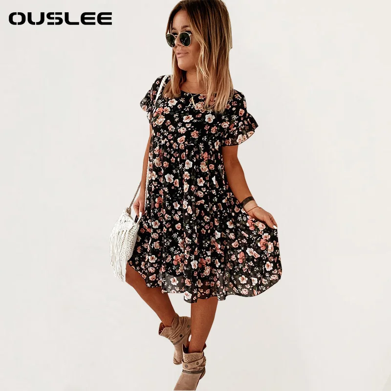 

OUSLEE 2021 New Summer Ruffles Print Dress Women O-neck Short Sleeve High Waist Floral Dresses Female Casual Boho Style Sundress