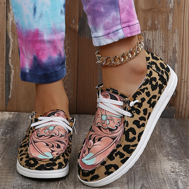 

2022 Spring and Summer Ladies Canvas Sneakers Fashion Leopard Ladies Lace-up Vulcanized Shoes Round Toe Non-slip Casual Shoes