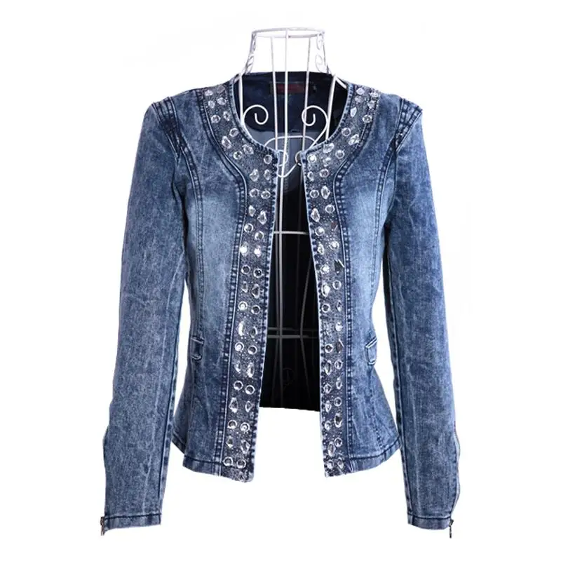 

Spring Denim Jackets Vintage Diamonds Casual Coat Women's Stretch Handmade Sequins Denim Short Jacket Outerwear