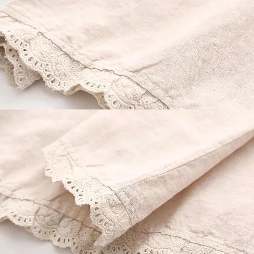 

Khaki Summer Tops Women 2021 Vintage Long Sleeve Flower Embroidery Lace Trim Kawaii Shirt Blouse Women Cotton Linen Blusen