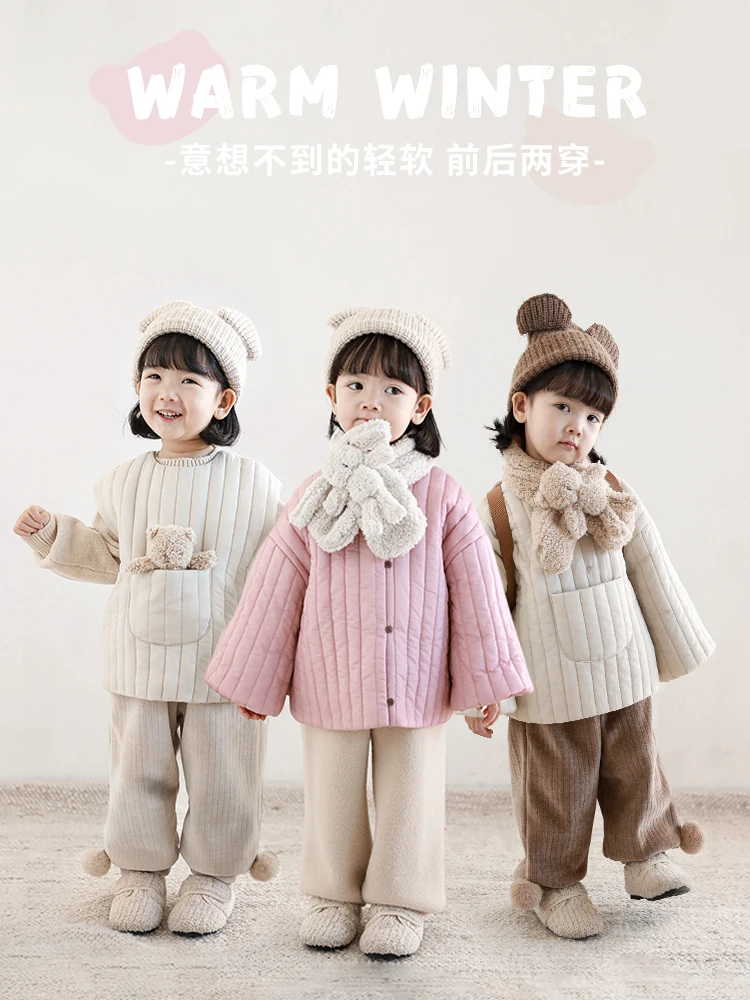 

Зимняя одежда для девочек с обеих сторон, хлопковый жилет, трехмерная плюшевая кукла с карманом, детское Свободное пальто, трендовый шарф