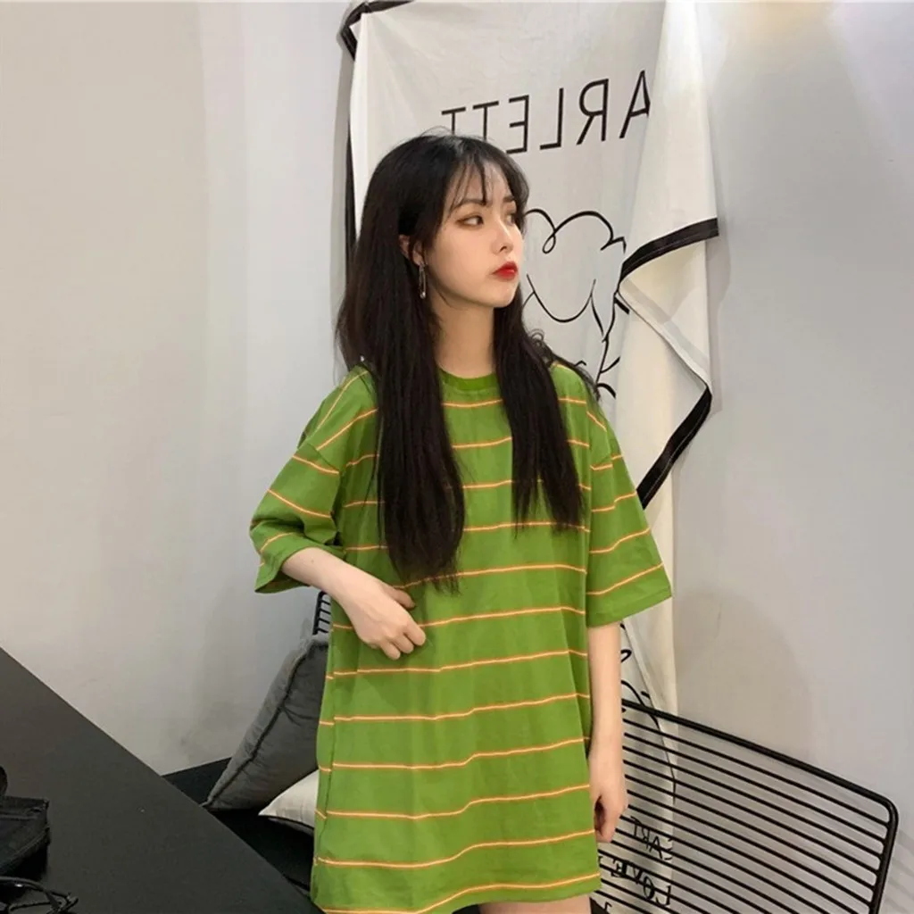 Модная длинная футболка в полоску Повседневная летняя Женская туника с круглым