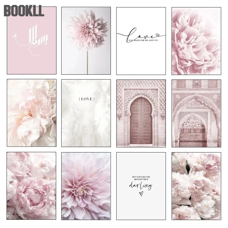

Fresh Flowers Nordic Pink Wall Painting Girl Room Decor Simple Text Love White Feather Living Room Decoration Canvas Art