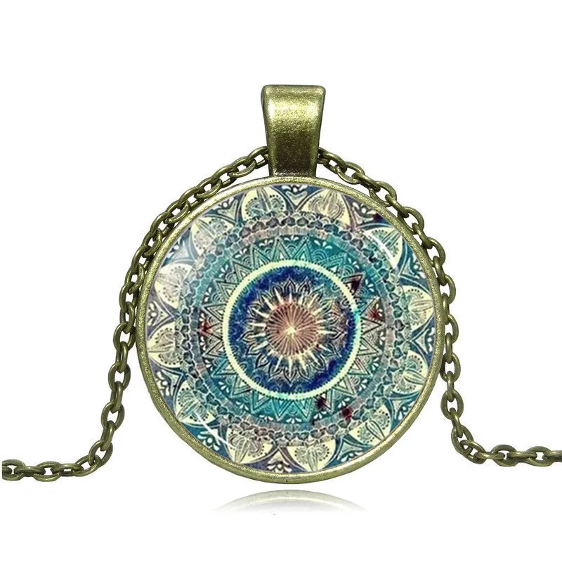 bronze necklace Горячая Распродажа, очаровательные серьги с рисунком мандалы, хна, Кристальные серьги, символ йоги Ом дзен, буддизм, стеклянные серьги для женщин, ювелирные изделия - Окраска металла: bronze necklace