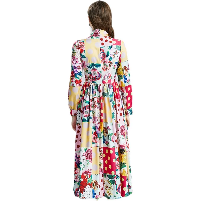 

Banulin 2021 Spring Fashion Designer Elegant Dress Women Long Sleeve Luxury Lace Patchwork Floral Print Vintage Midi Dress