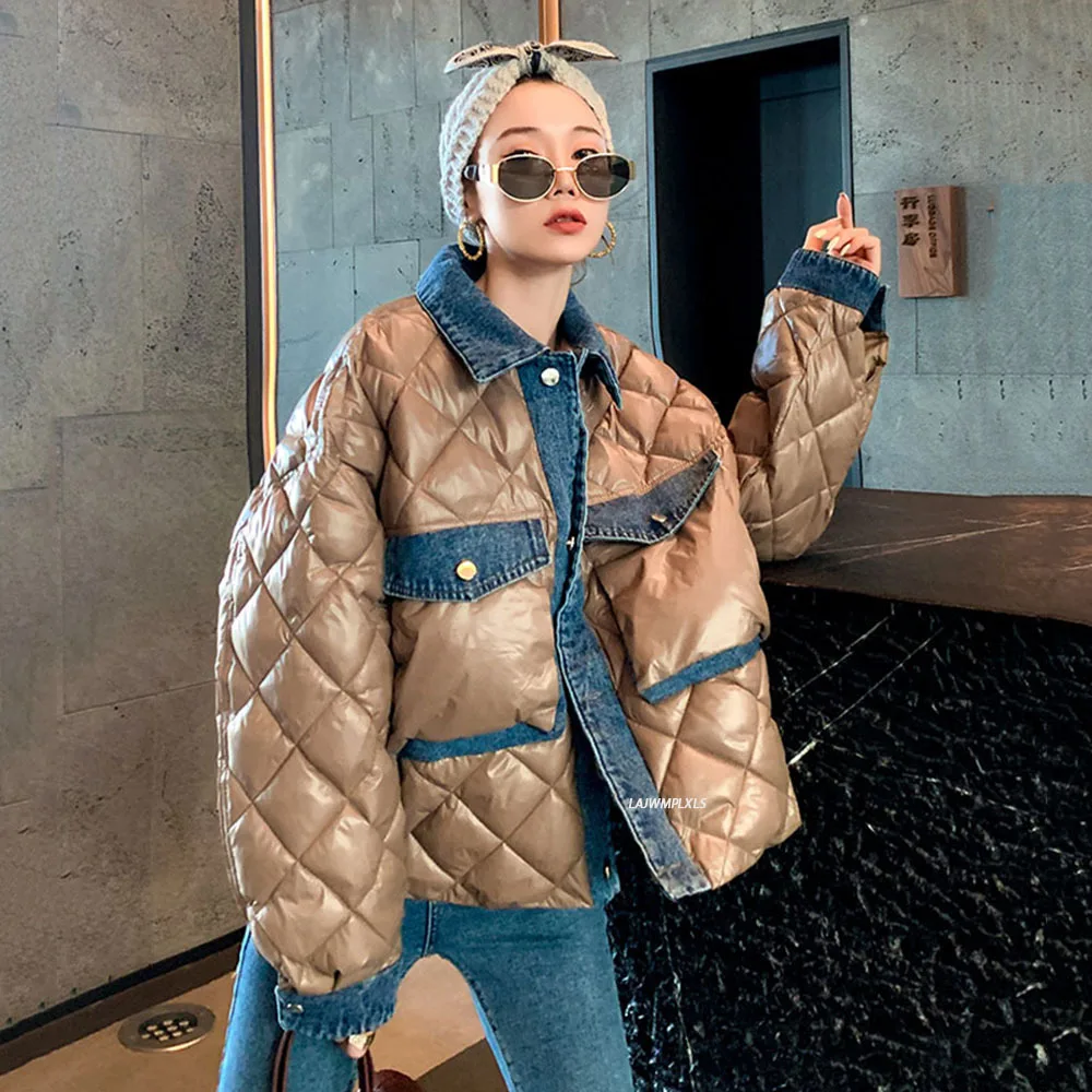 Куртка-бомбер женская джинсовая зимняя в клетку с подкладкой 2021 | Женская одежда