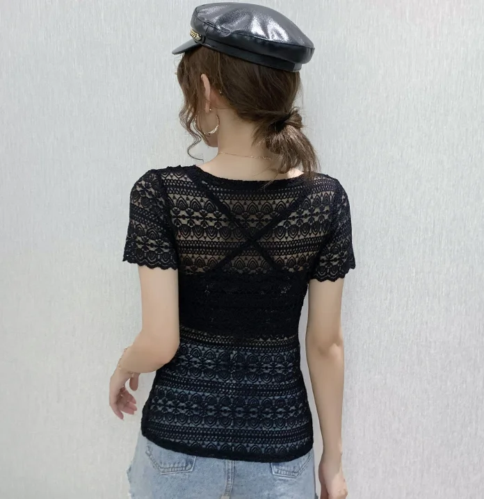 

Women Lace blouse Elegant Short-sleeved Hollow out Tops Sexy V-neck Summer Lady shirt roupas feminina