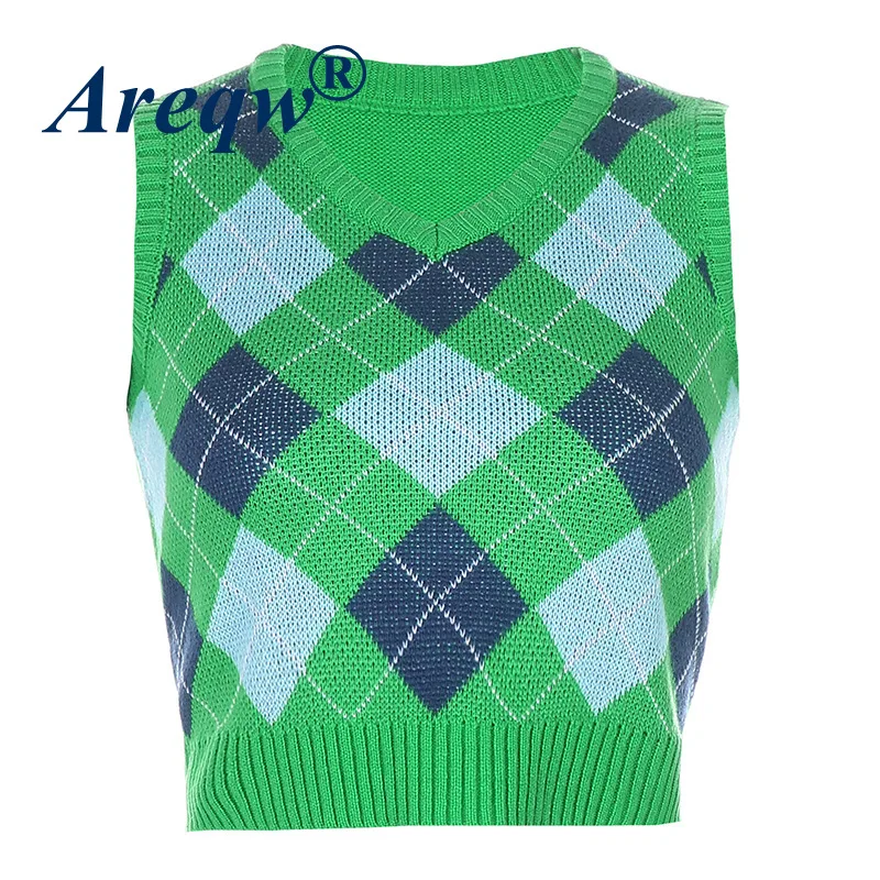 

Knitted Vest Women 2021 New Diamond Lattice V-neck Sweater Women Sleeveless Bottoming Top