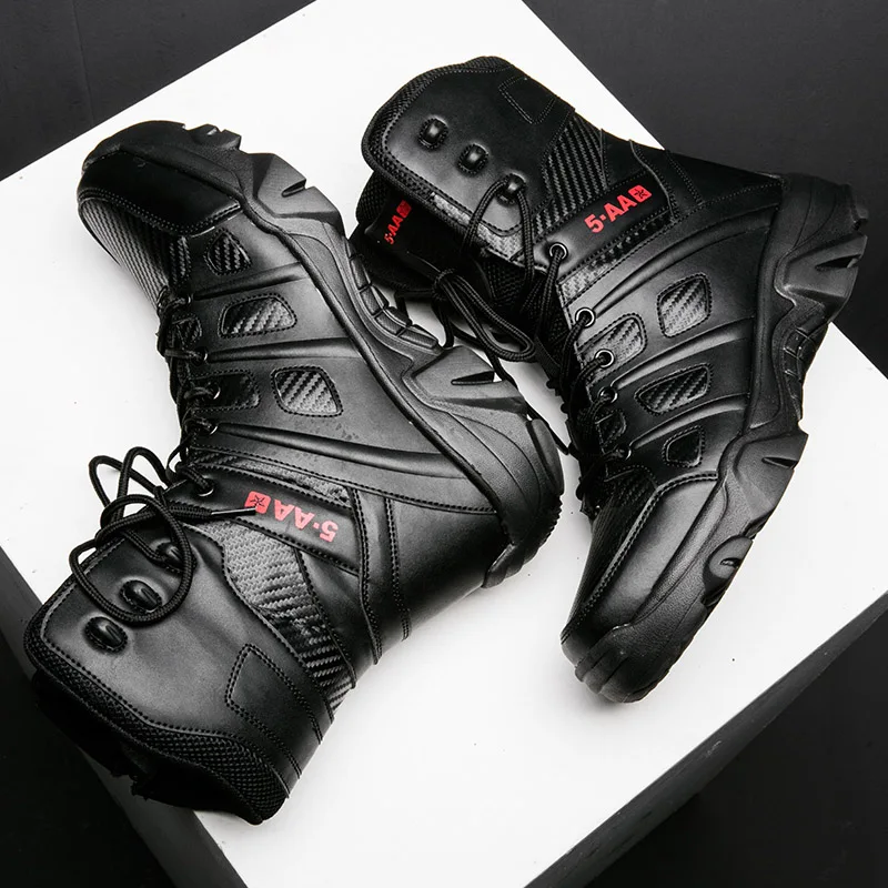 Boots Men Boots Leather Ankle Lace up Military boots Outdoor work Light fashion Moto Black Boots