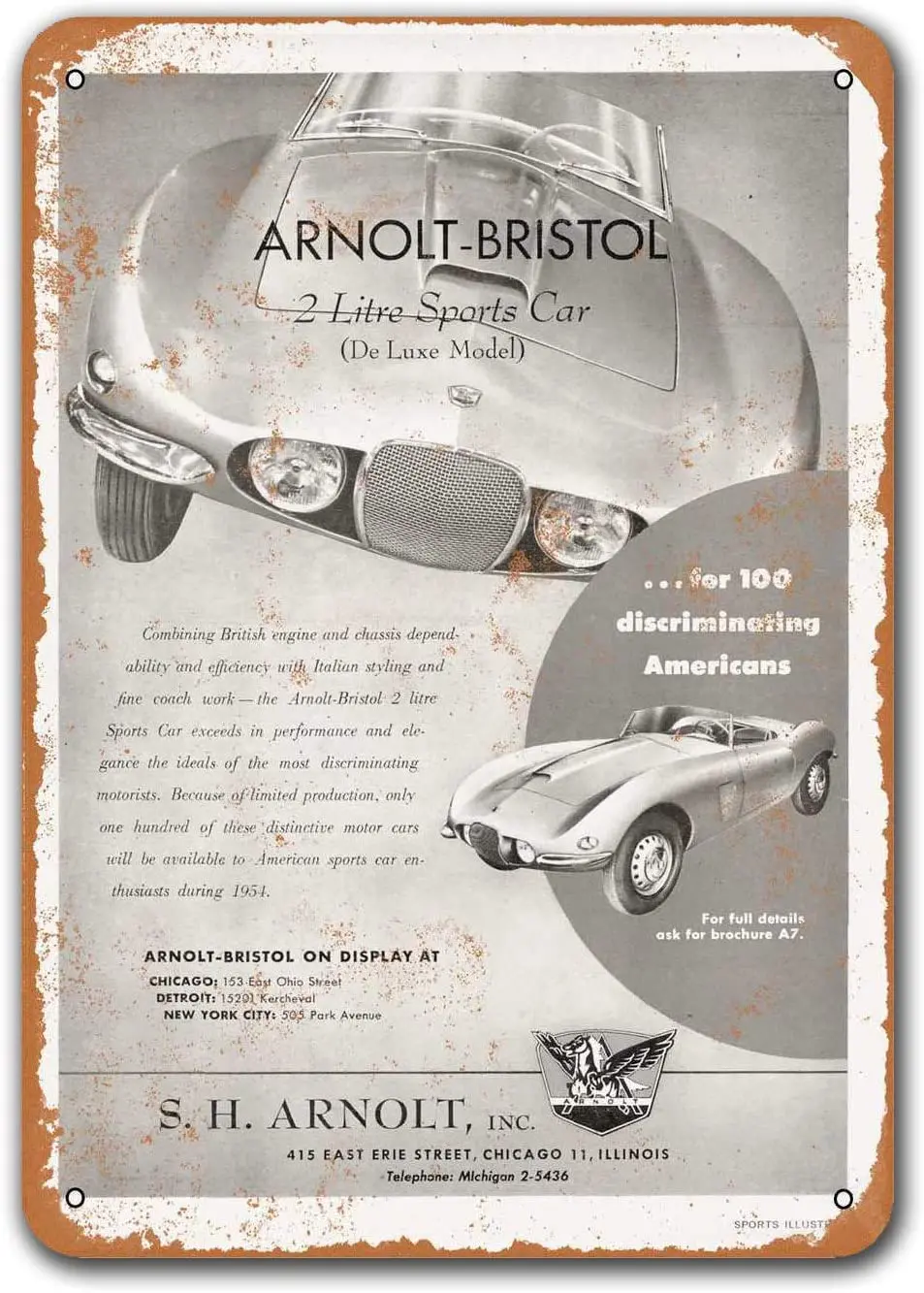 

1954 Arnolt-Bristol Sports Car Car Tin Signs Vintage, Sisoso Metal Plaques Poster Garage Bar Retro Wall Decor 12x16 inch