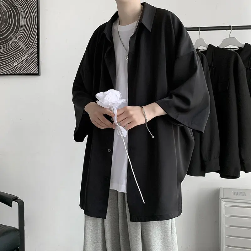 HYBSKR 2022 Summer Men Shirts Korean Style Loose Male Solid Color Short Sleeve Tops Man Baggy Casual Couple Clothes | Мужская одежда