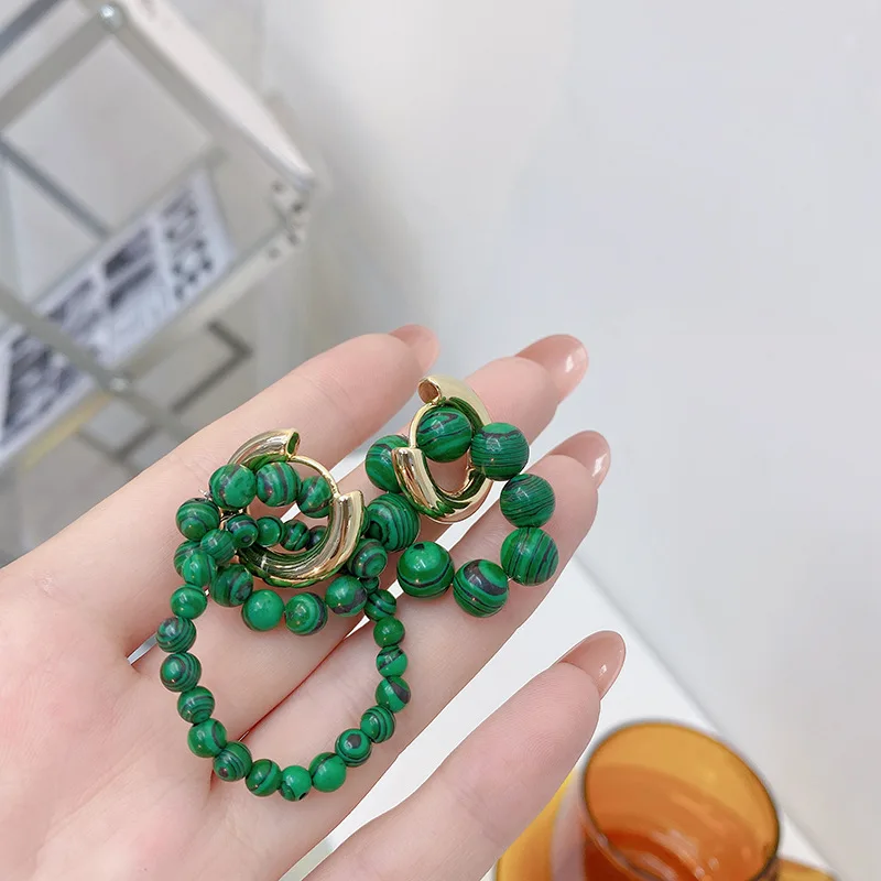 

New design niche port style metal earrings French complex emerald female beaded asymmetric earrings for women