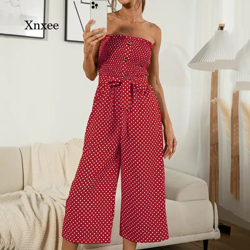 

Женский летний длинный комбинезон, элегантный Дамский комбинезон на пуговицах, комбинезон в горошек, Женский комплект комбинезона, 2021