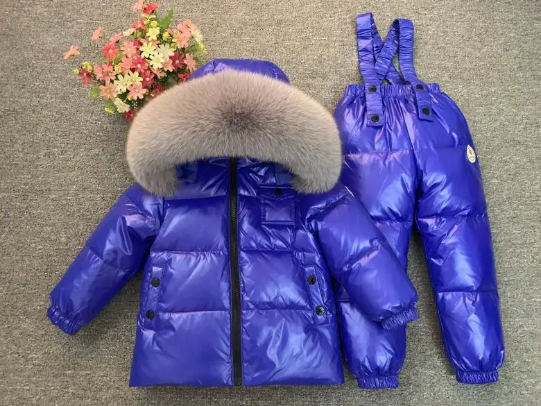 blue shiny gray fur Детский ветрозащитный Теплый зимний комплект, теплая парка, пальто с капюшоном+ штаны, лыжный комбинезон, русский темно-синий зимний костюм, утепленные комплекты одежды - Цвет: blue shiny gray fur