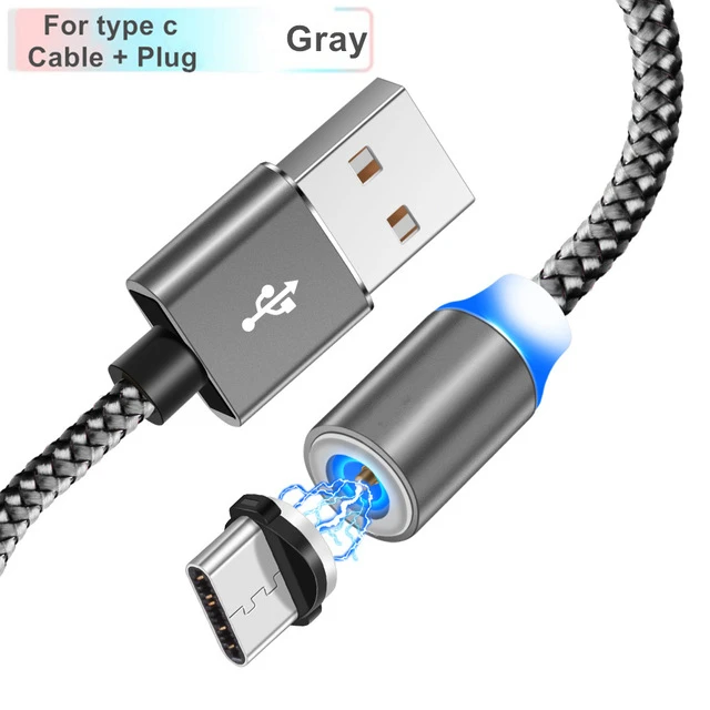 black Cable and Plug Magnetic USB C LED Cable Charger For Samsung galaxy Feel 2 S8 S9 S10 A50 A20 Honor 20 10 9 Mobile phone for huawei P20 P30 pro - Цвет: black Cable and Plug