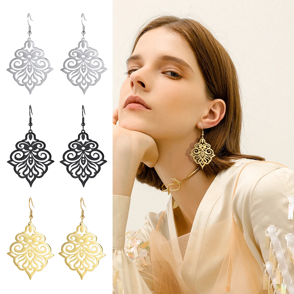 Myshape Filigree Ethnic Cutout Earrings Hoop Stainless Steel Vintage Dangle Earring Pendant Jewelry Golden Black Christmas Gift | Украшения