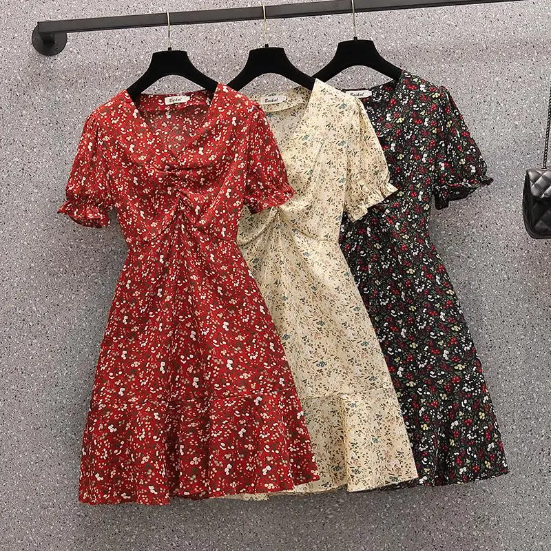 

EHQAXIN Summer New Style Ladies V-Neck Floral Dress A-Shaped Chiffon Temperament Short-Sleeved High-Waist Dress Female M-4XL