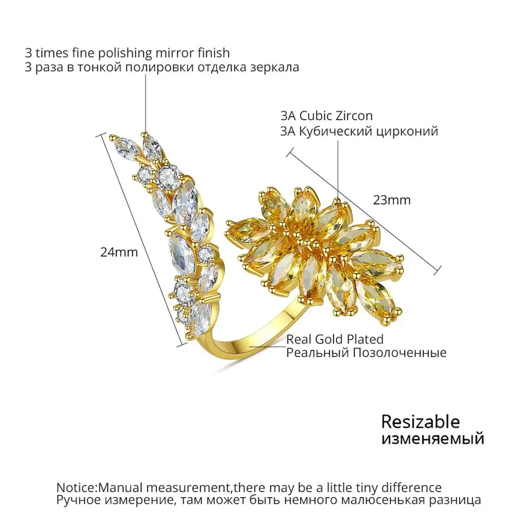 Винтажное регулируемое кольцо LUOTEEMI с желтыми камнями и листьями для женщин