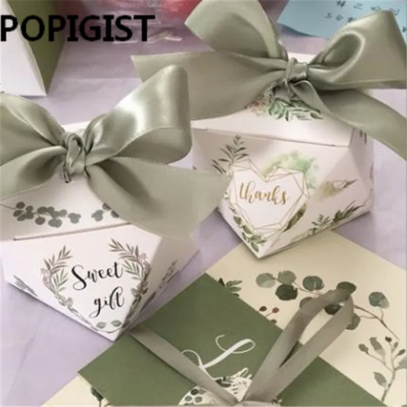 

European diamond shape Green forest style Candy Boxes Wedding Favors Bomboniere paper thanks Gift Box Party Chocolate box 50pcs